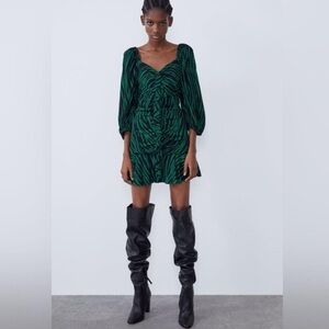 Zara green zebra print mini dress ruched puff sleeves women's
